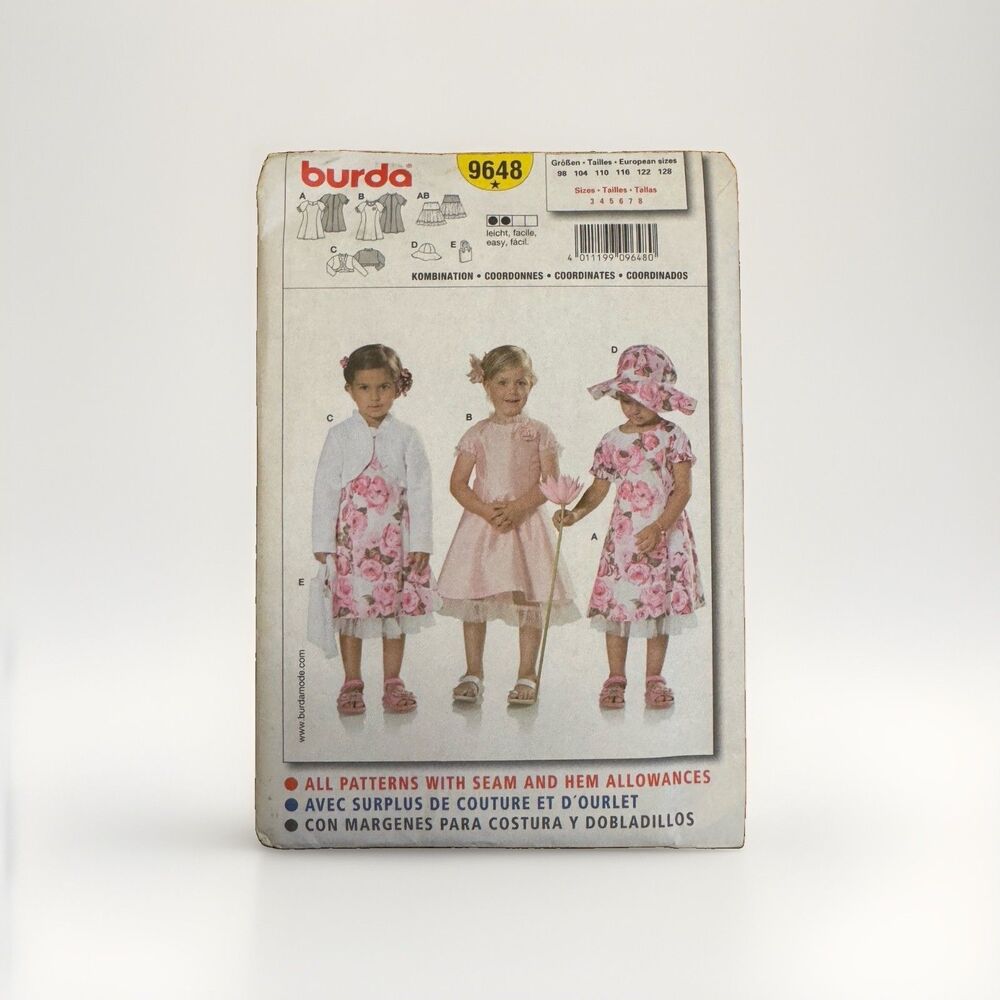 Burda 9648 Little Girls Sewing Pattern Sz 3-8 Church Dress Party Hat Bag Sweater